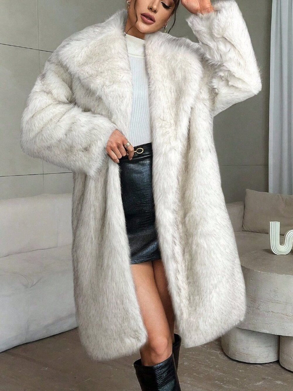 White Casual Women's Elegant Long Faux Fur Coat